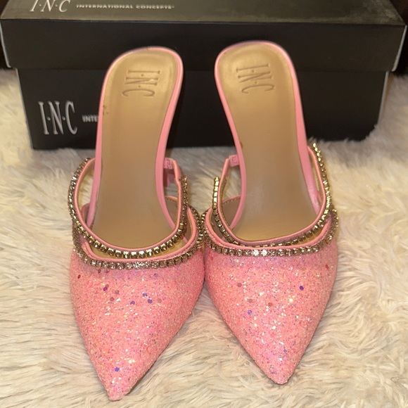INC International Concepts Shoes - 🆕 INC International Concepts Pink Glitter Pointed Toe Heels with Gold Chains
